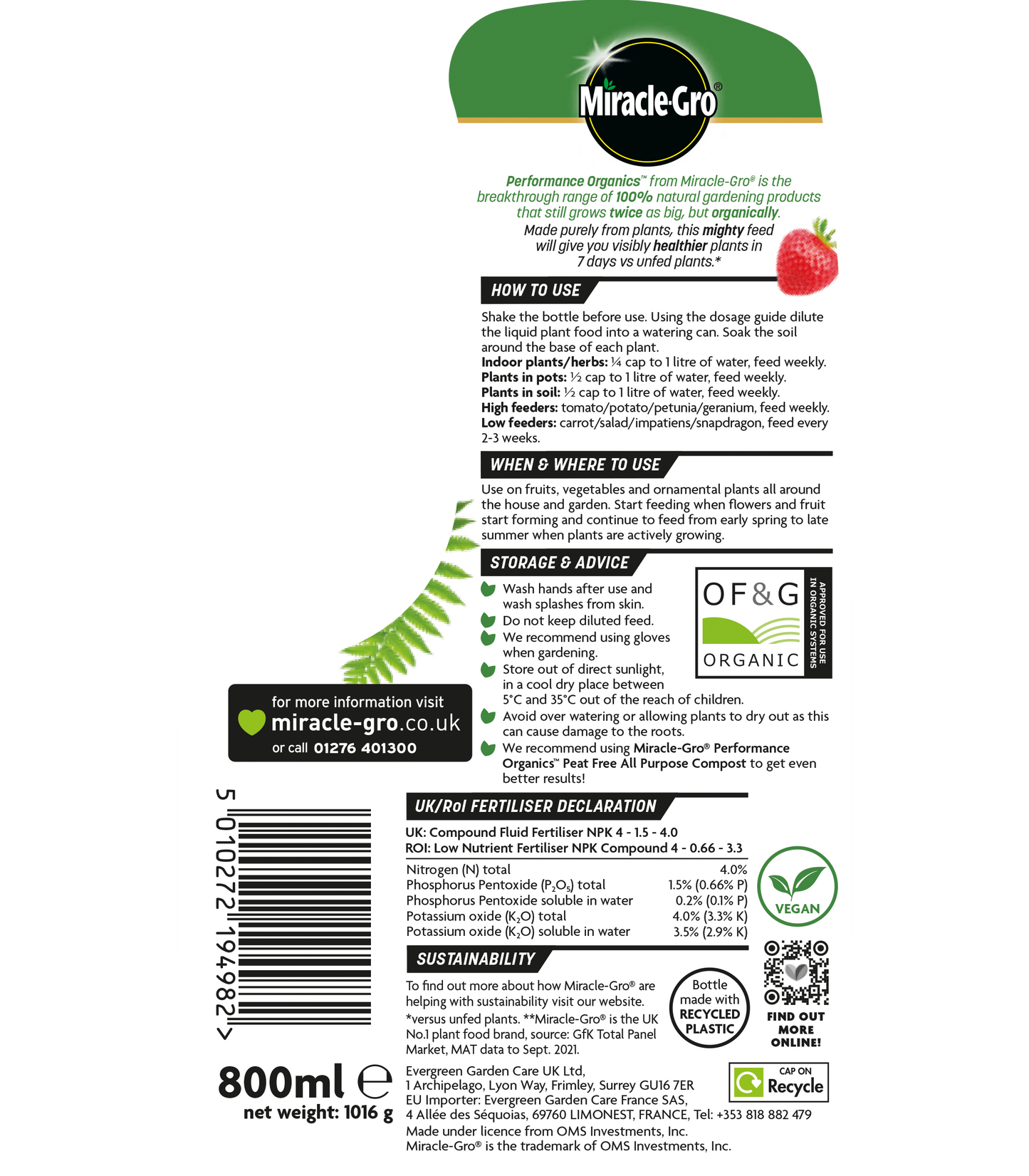 Miracle-Gro Performance Organic All-Purpose Liquid Concentrate Food 800ml