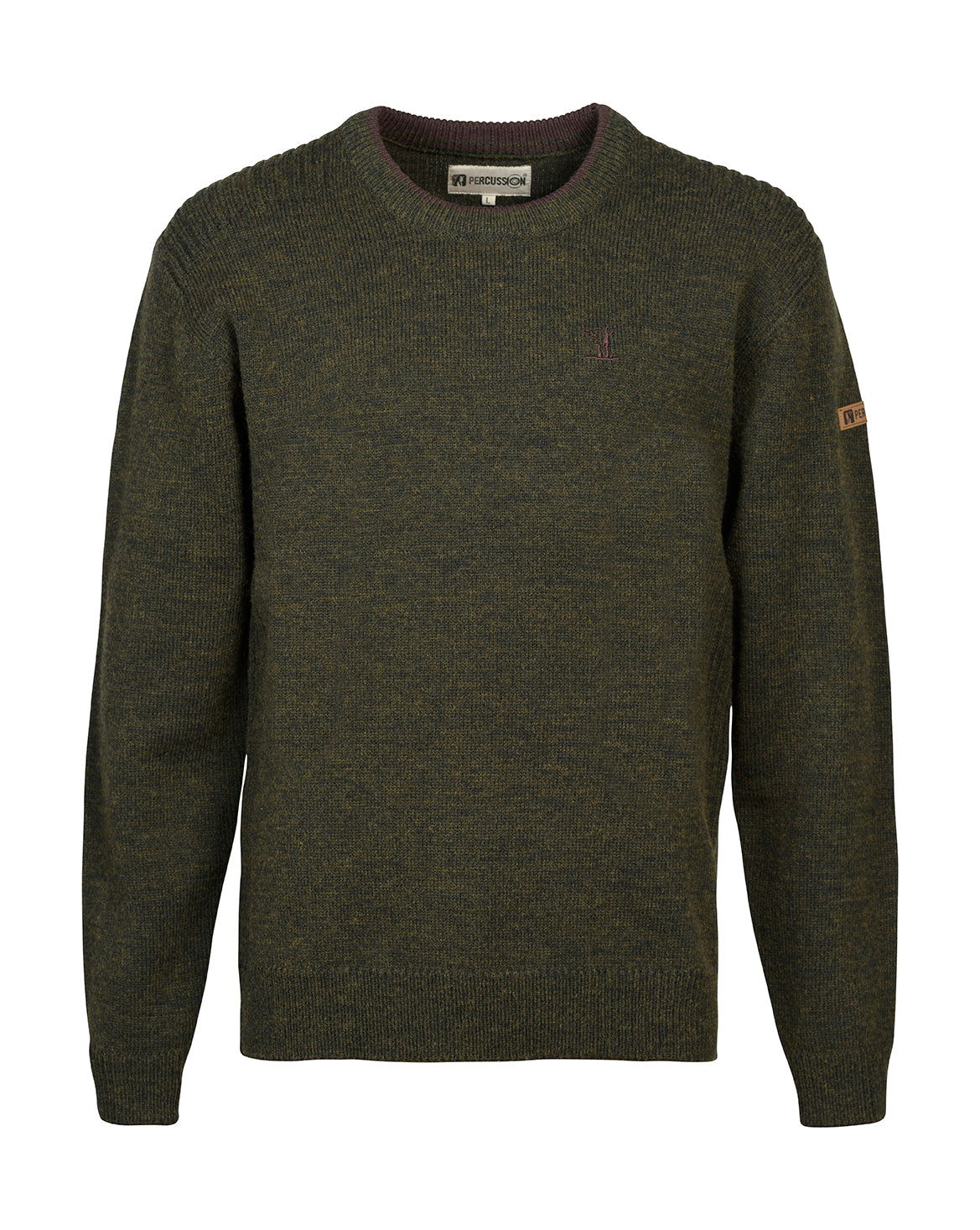 Khaki green Percussion Iceland crew neck pullover with embroidered chest detailing, styled over a country checked shirt.