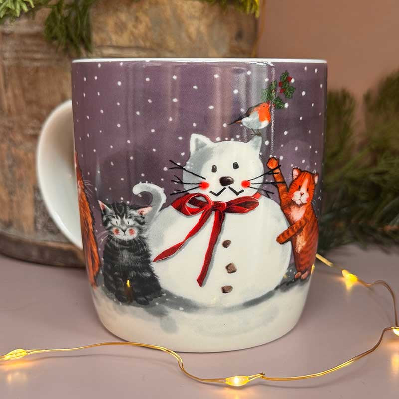 Alex Clark Cat & Snowman fine china mug with festive holiday illustration