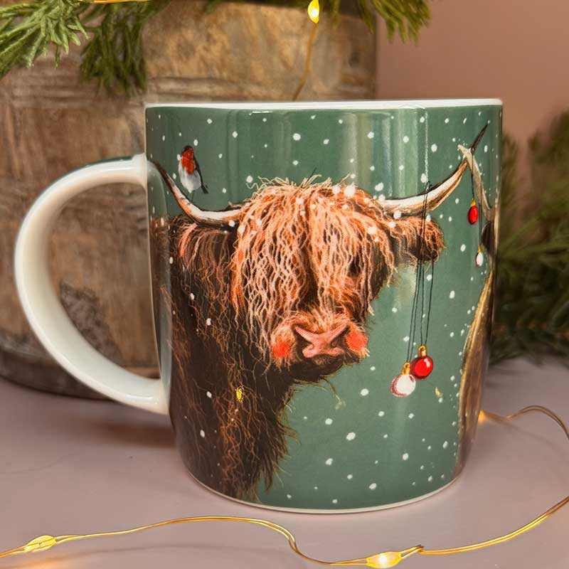 Alex Clark Highland Cows fine china Christmas mug with festive cow illustrations