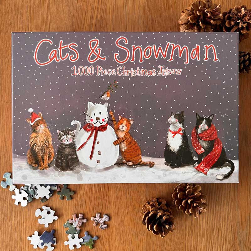 Alex Clark Cats & Snowman Christmas 1000 piece jigsaw puzzle box and assembled artwork