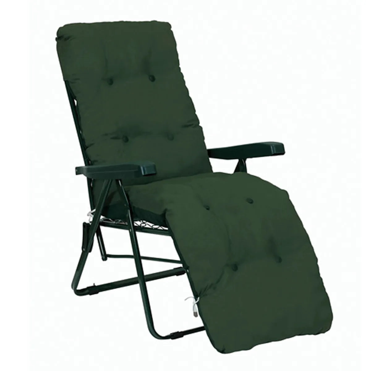 Glendale reclining relaxer garden chair in green with a thick padded cushion and sturdy steel frame in an outdoor lounging position.
