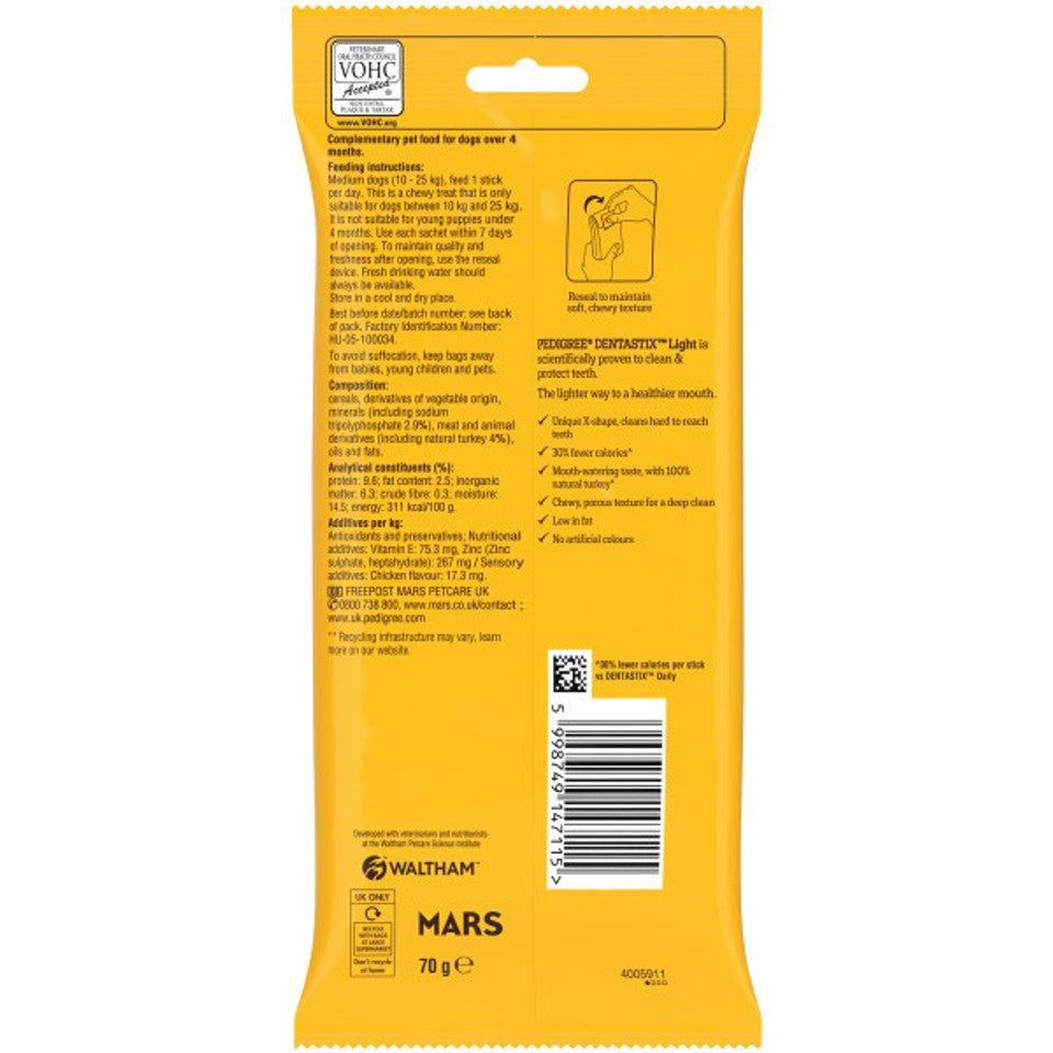 Pedigree Dentastix Light Daily Dental Chews Medium Dog 5 Sticks
