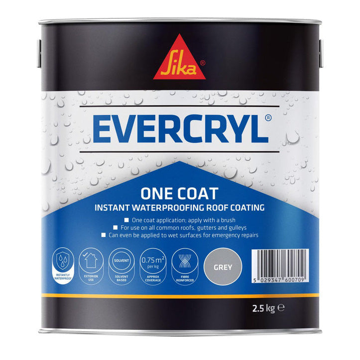 A 2.5 kg can of Sika Evercryl One Coat Instant Waterproofing Roof Coating in grey, shown on a plain white background.