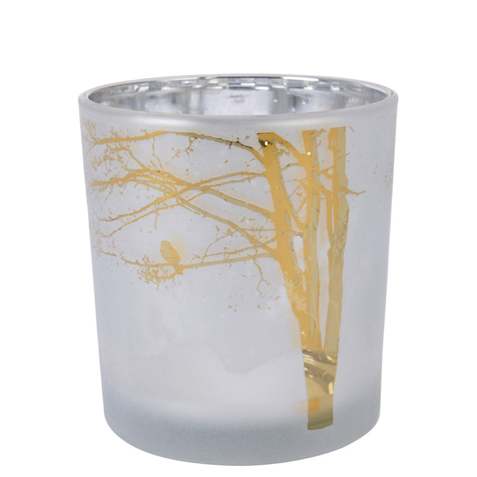 Kaemingk Tealightholder glass/gold bird and tree design - winter white 7.3cm x 8cm