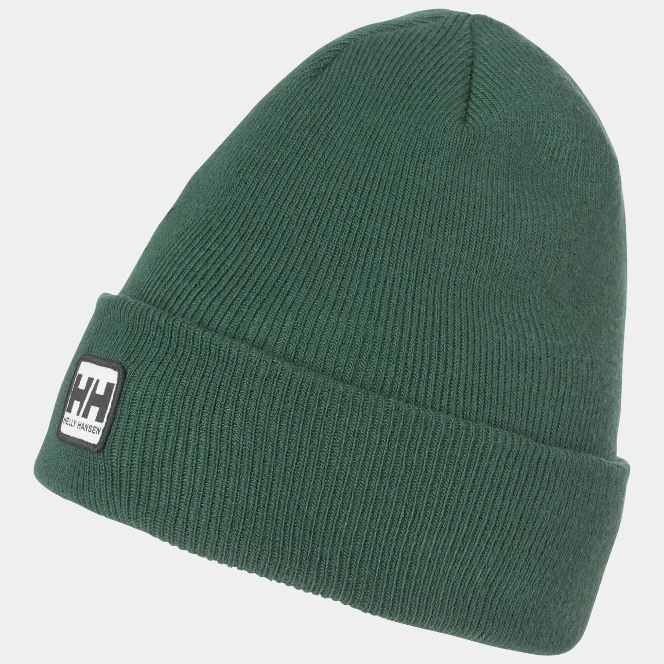 Close-up of the Helly Hansen Urban Cuff Beanie featuring a thick ribbed knit construction, a folded cuff, and the classic HH heritage logo patch.