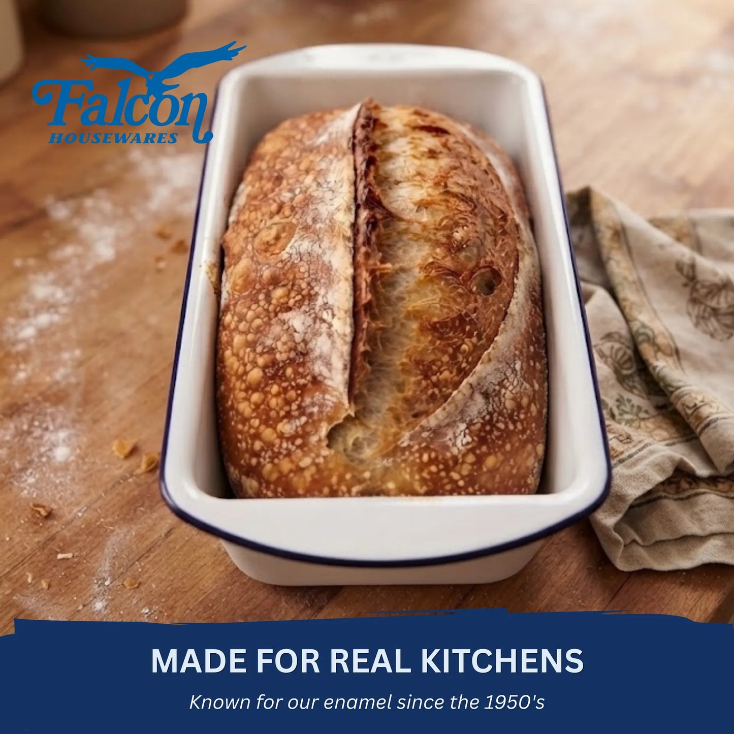 Falcon white enamel 2lb loaf tin with classic blue rim
