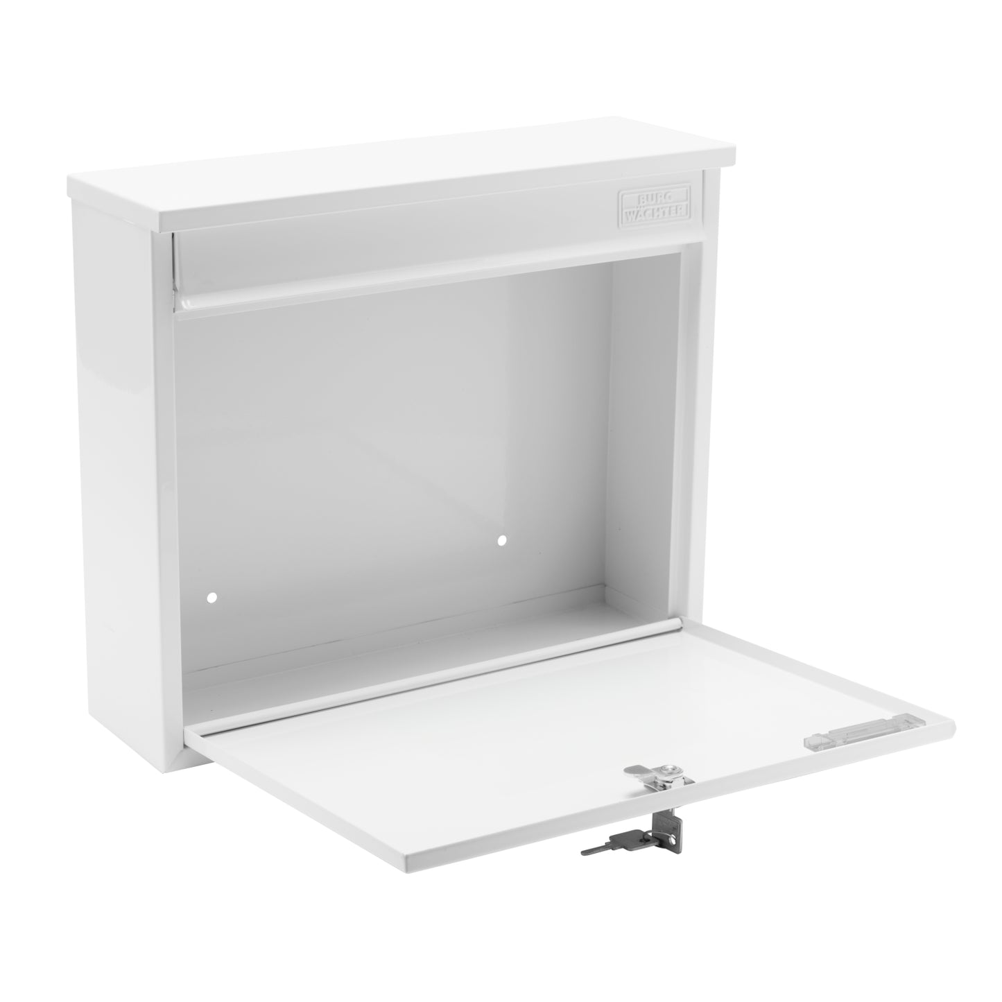 White wall-mounted cabinet with a glass shelf on a white background