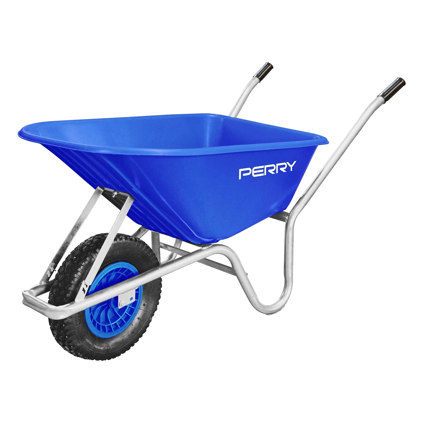 Perry No.7135 110L Moulded Polypropylene Wheelbarrow in blue, showing the robust frame, spacious tray, and comfort-grip handles.