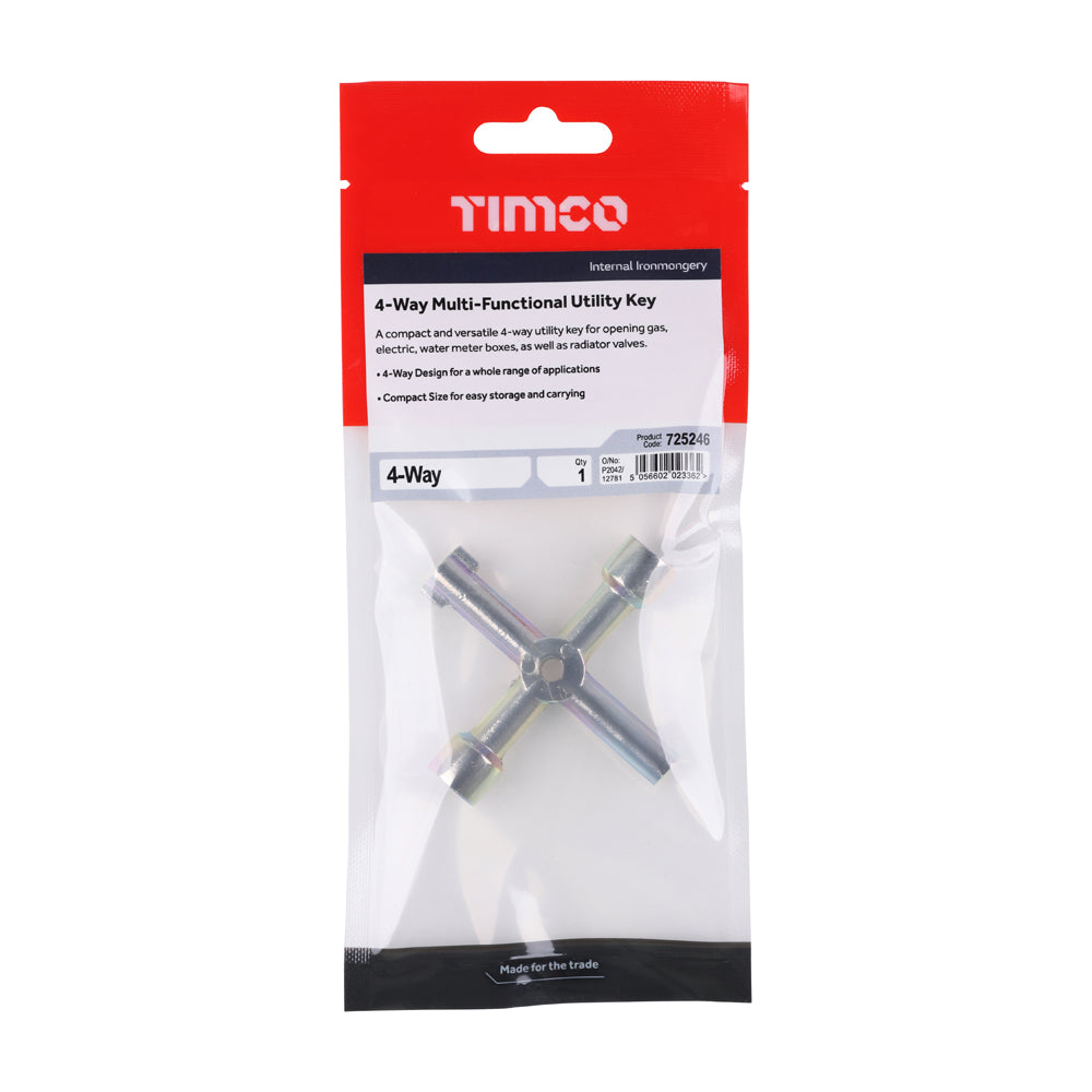 TIMCO 4-Way Multi-Functional Utility Key showing square and triangular drive heads