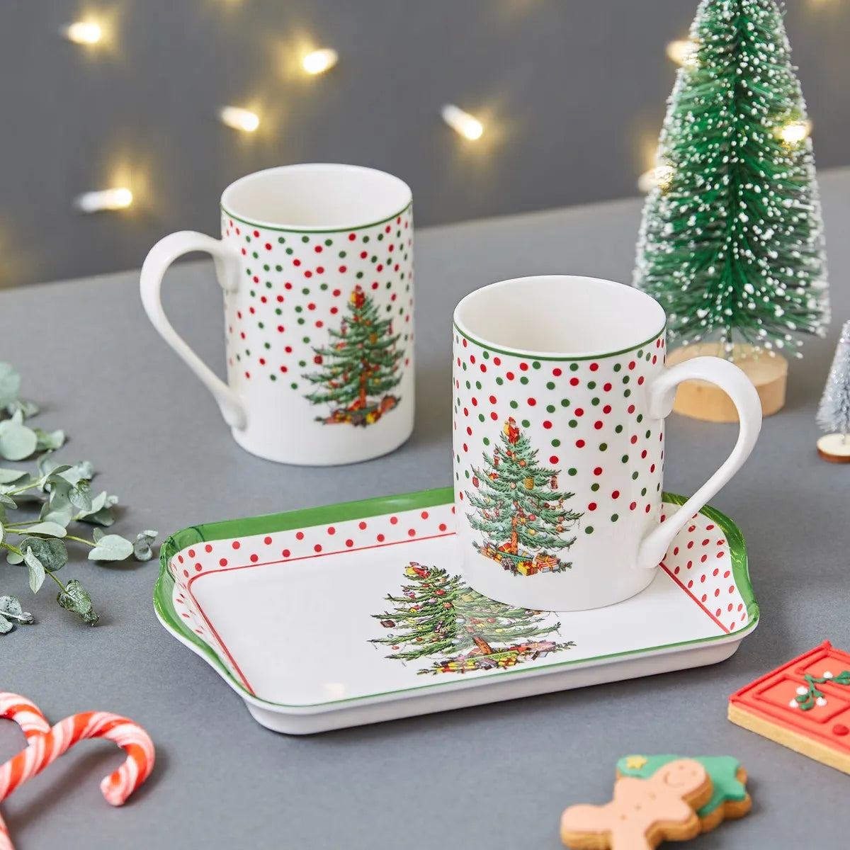 Christmas Tree Polka Dot 10oz Mug & Tray Set