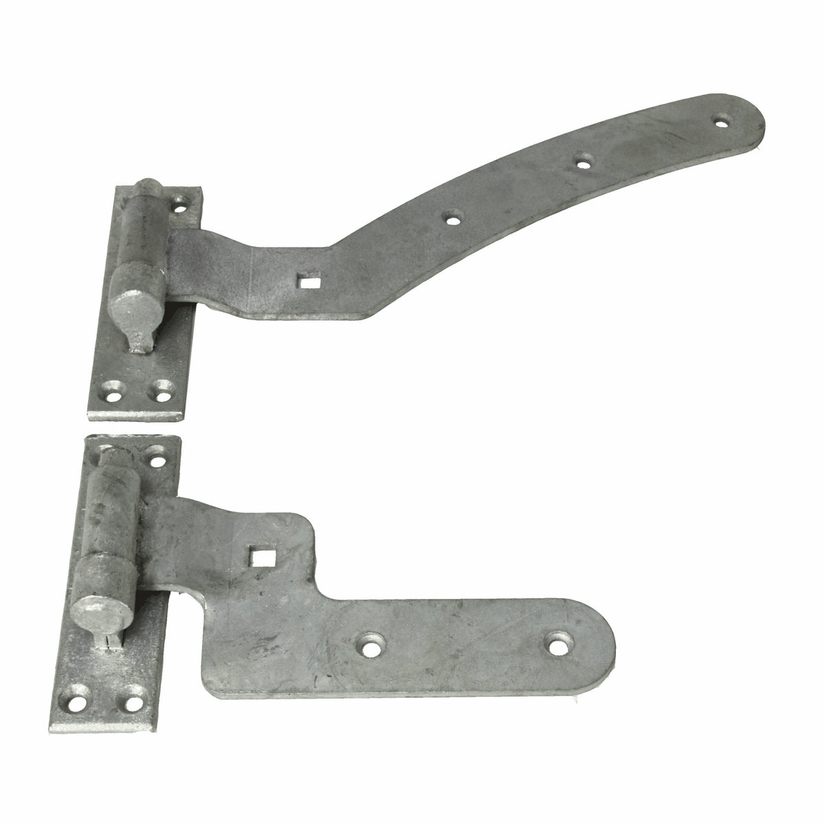 Curved gate hinge set including curved top band, straight bottom band, two hooks, and fasteners for wooden gates.