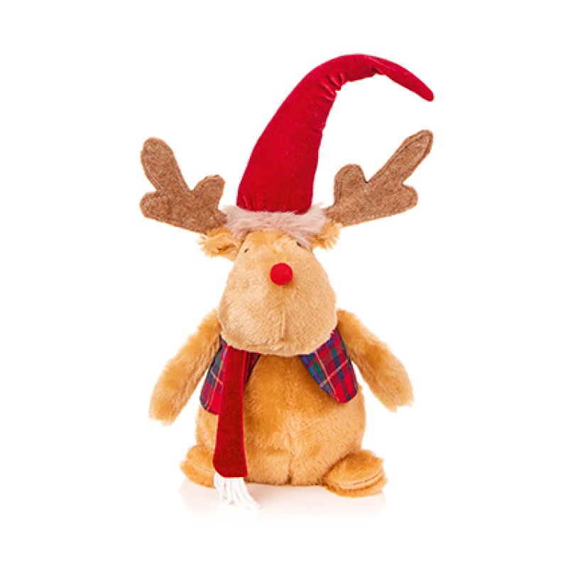 Premier 40cm Sitting Christmas Reindeer Plush seated on a wooden mantelpiece