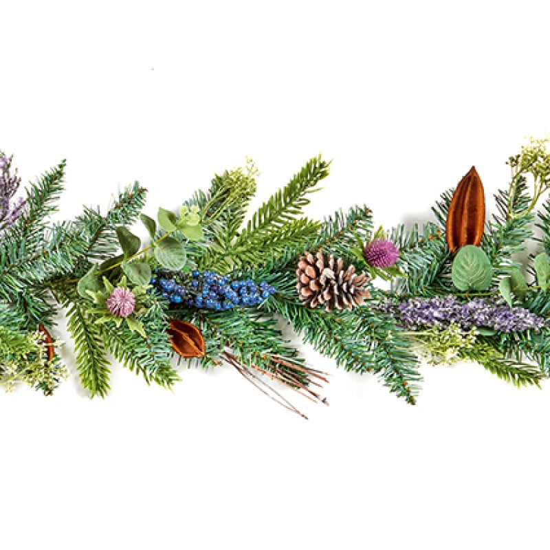 Premier 1.8m Eucalyptus Thistle Garland with blackberries and pinecones draped across a mantelpiece