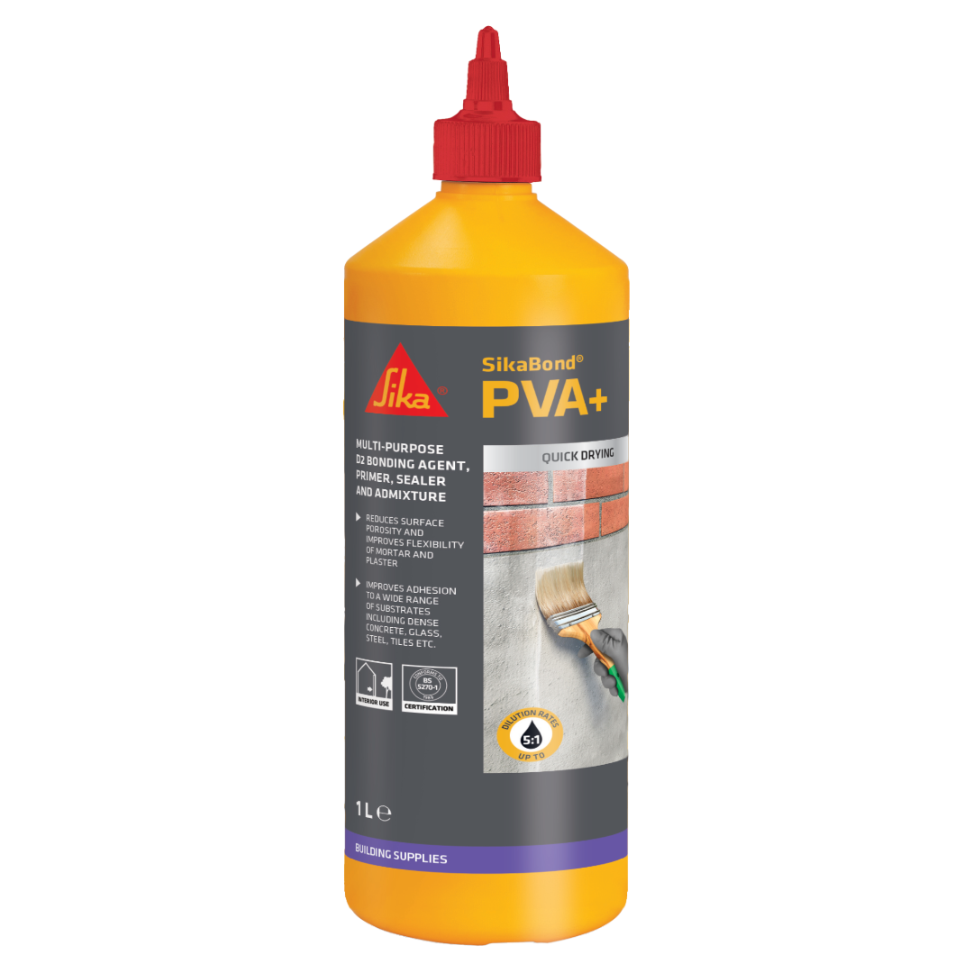 SikaBond PVA+ multi-purpose bonding agent 1L container for priming plaster and mixing mortar.