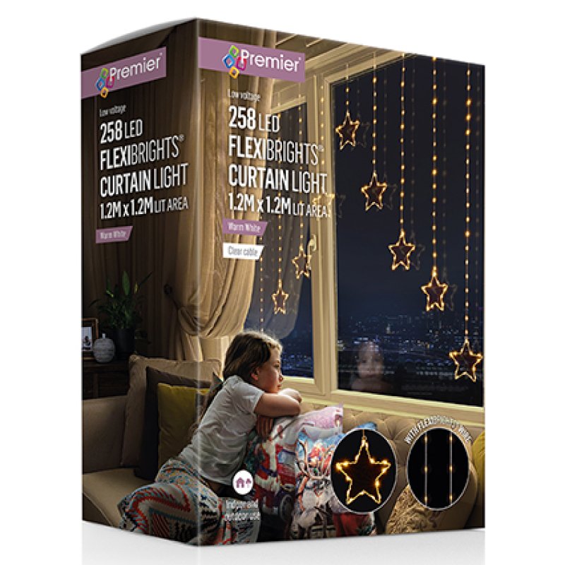 Premier 1.2m x 1.2m Flexbrights V-shaped star curtain light set with 258 warm white LEDs