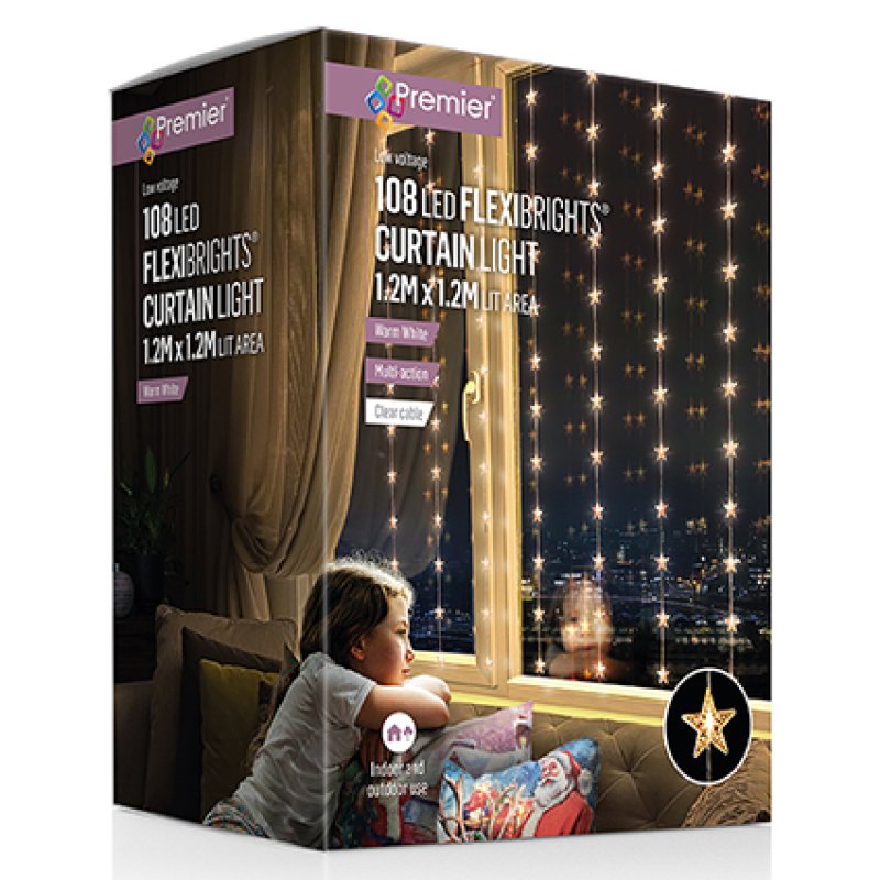 Premier 1.2m x 1.2m Flexbrights star curtain light with 108 warm white LEDs