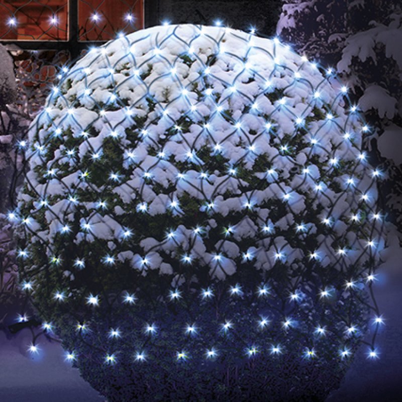 Premier 1.75m x 1.2m multi action bright white 180 LED net lights draped over an outdoor hedge