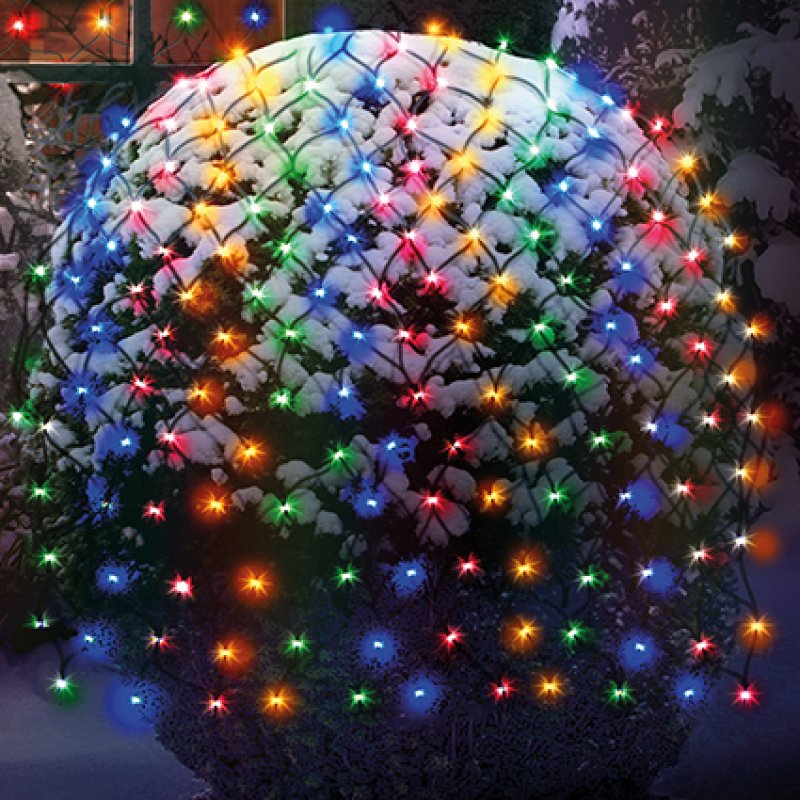 Premier 1.75m x 1.2m multi action multi-colour 180 LED net lights draped over a garden hedge