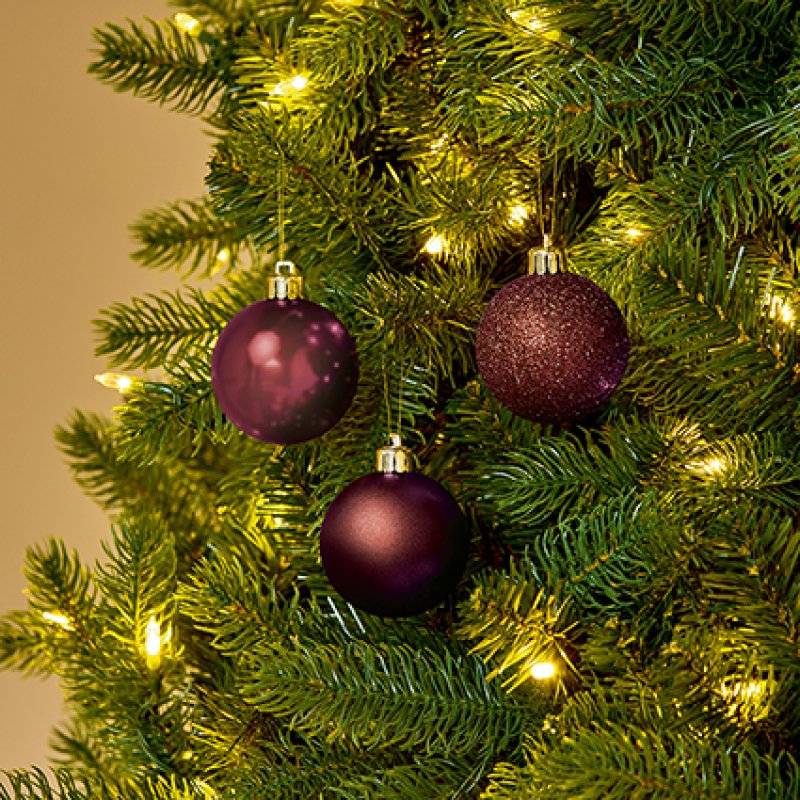 Premier 24 x 60mm Plum Finish Shatterproof Baubles hanging on a pine Christmas tree branch