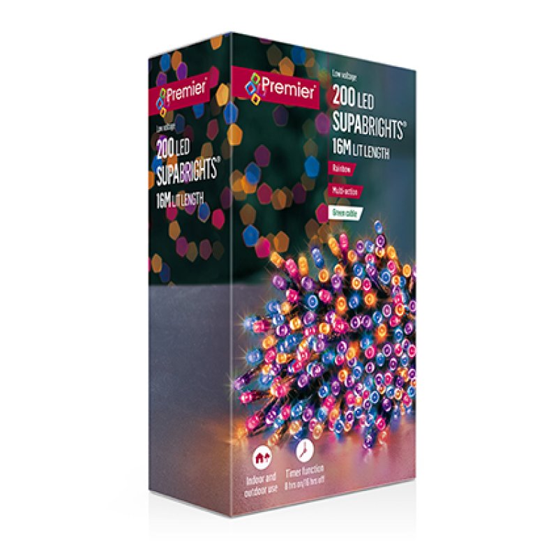 Premier 200 multi action rainbow LED Supabrights Christmas string lights with green cable and built-in timer