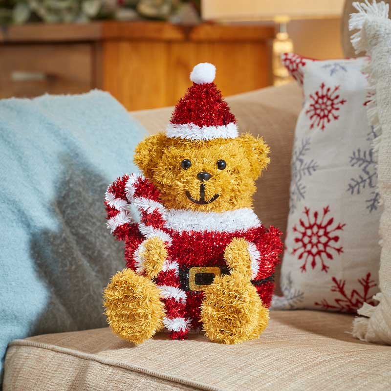 Smart Garden Tinsel Santa Bear festive Christmas ornament with red hat and textured tinsel finish