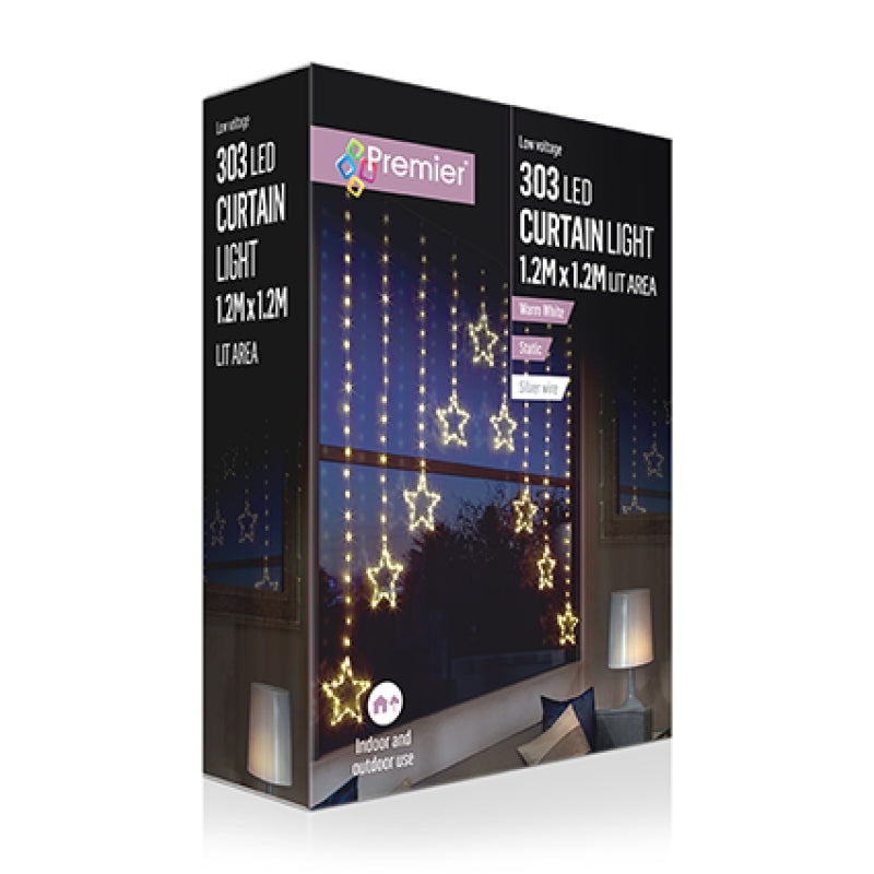 Premier 1.2m x 1.2m pin wire star V curtain light set with 303 warm white LEDs