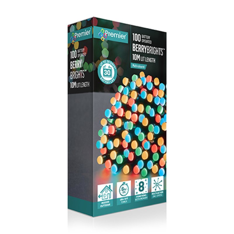 Premier 100 multi action multi-colour LED berry lights with timer for indoor and outdoor Christmas tree decoration
