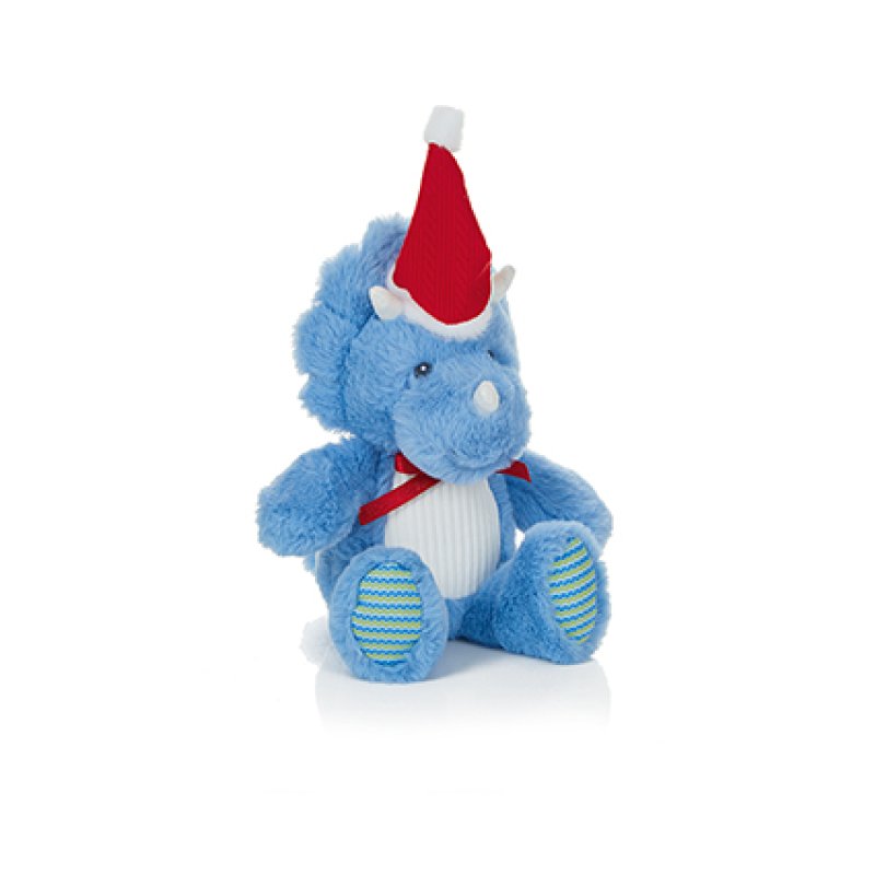 Premier 23cm Blue Dinosaur with Santa Hat Plush sitting on a wooden shelf