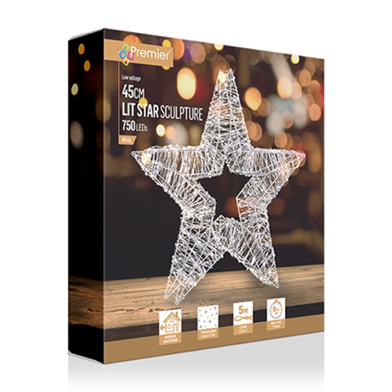 Premier 45cm silver star hanging light ornament with 750 twinkling white LEDs