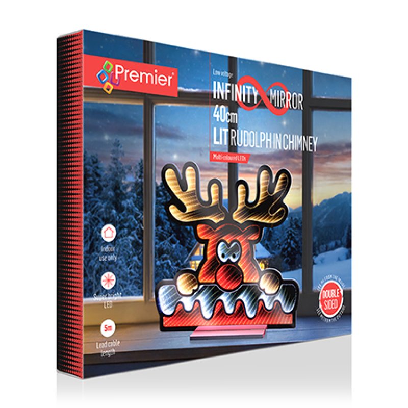 Premier 40cm Rudolph coming out of the chimney illuminated tabletop infinity mirror light