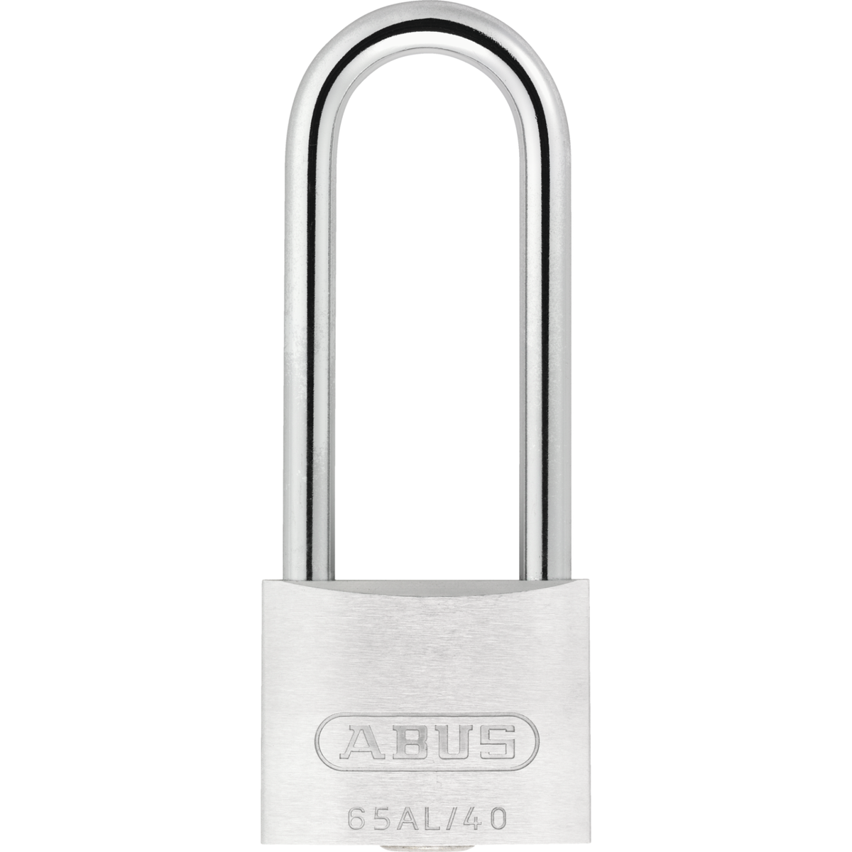 ABUS 64TI 40mm TITALIUM padlock showing silver aluminum body and 63mm long steel shackle