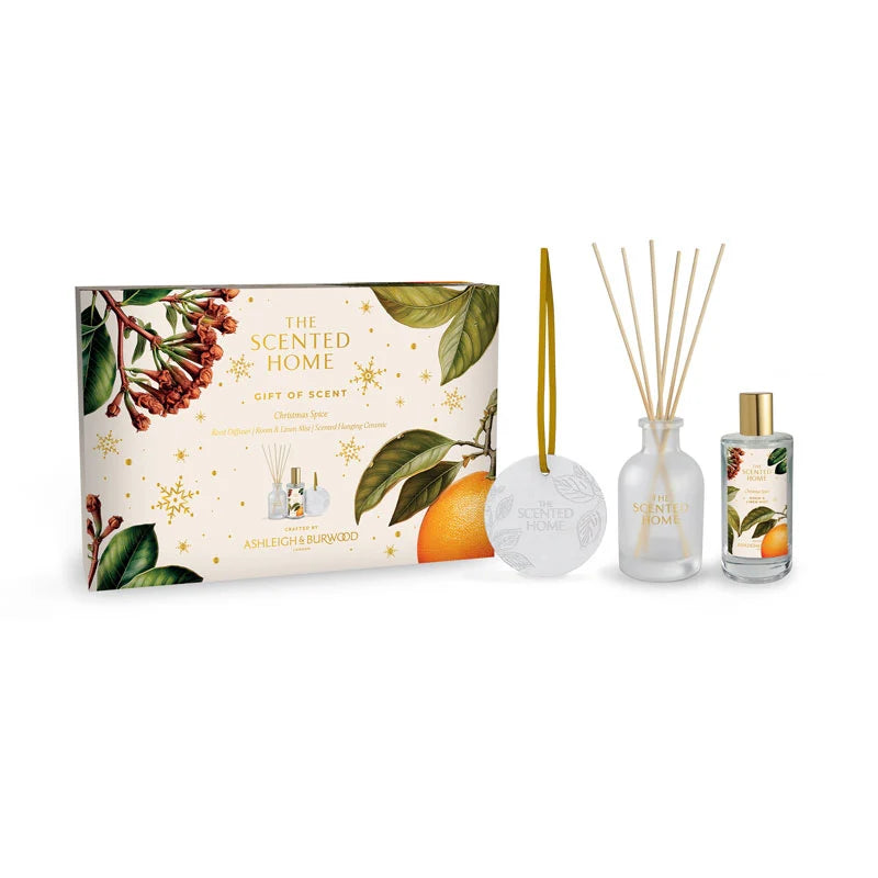 Ashleigh & Burwood Christmas Spice Gift Set featuring 50ml reed diffuser, room mist, hanging ceramic, and gift box.