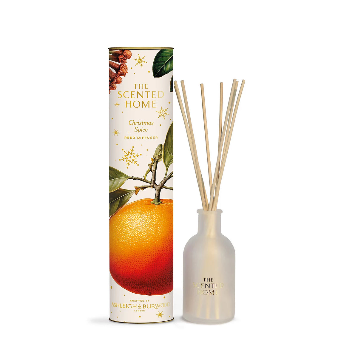 Ashleigh & Burwood Christmas Spice 150ml Reed Diffuser set with frosted glass bottle and natural reeds beside decorative packaging.