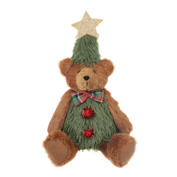 Woodlodge jumbo sitting plush teddy bear dressed in a green Christmas tree costume with a glitter star and tartan bow tie