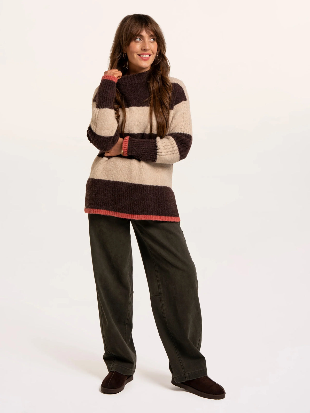 Brakeburn Eira Stripe Crew Neck Knitted Jumper in brown and cream styled with dark denim jeans