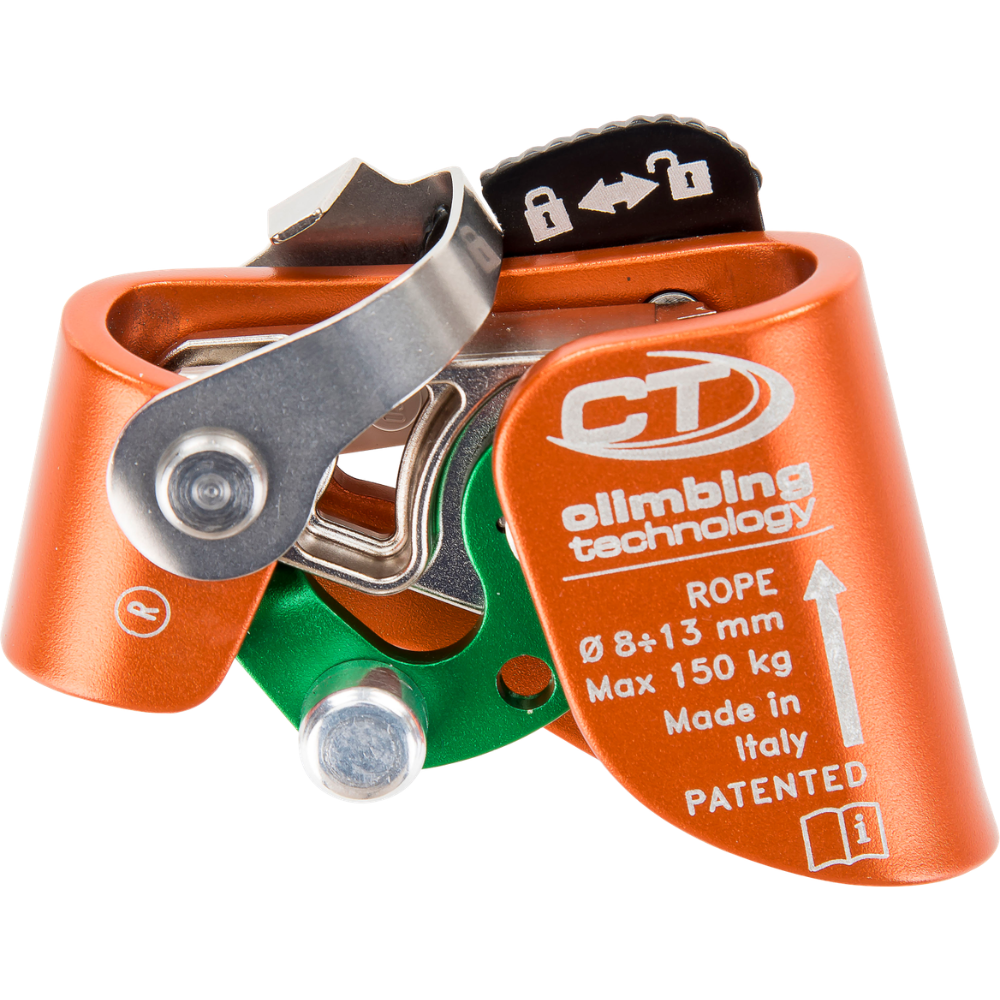 Skylotec Quick Tree foot ascender mounted on arborist climbing boot with stainless steel cam and aluminium housing