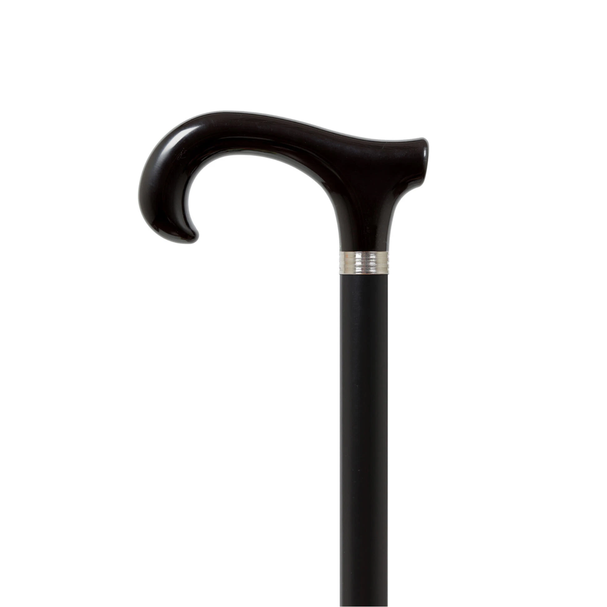 Charles Buyers formal black dress derby walking cane featuring a polished wooden handle and decorative metal collar