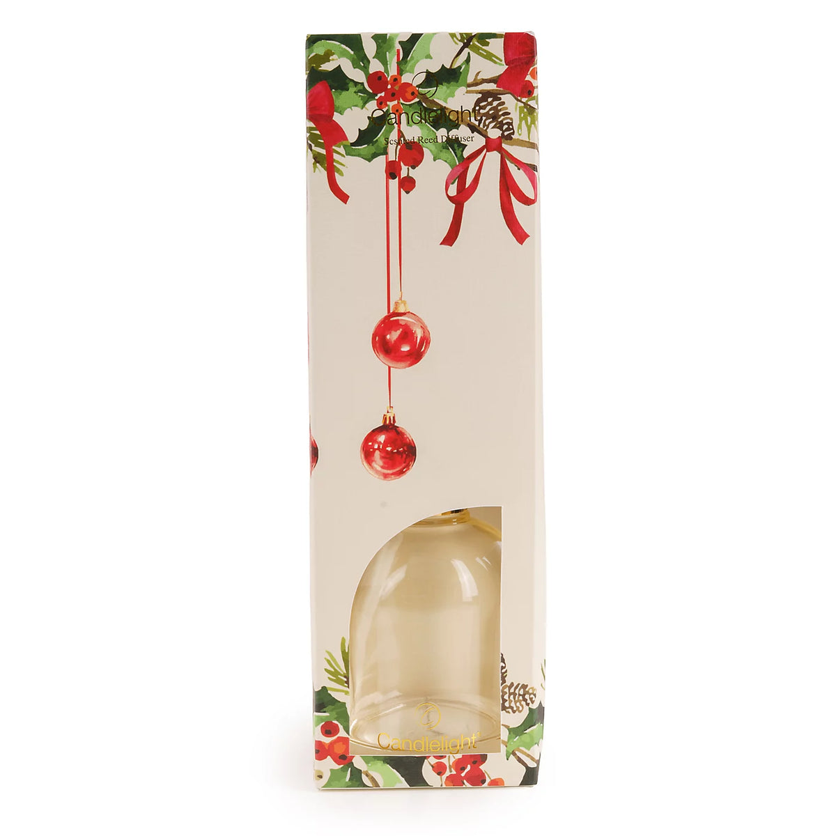 Candlelight Christmas Ribbons and Bows 200ml reed diffuser with clear glass bottle, white reeds, and festive gift box
