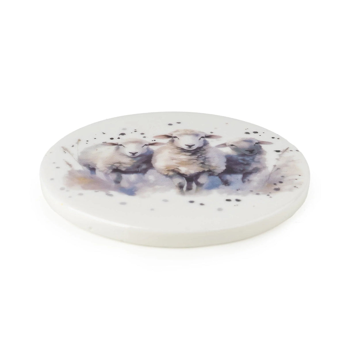 Candlelight Set of 4 Country Sheep round ceramic coasters featuring watercolour illustration of three sheep