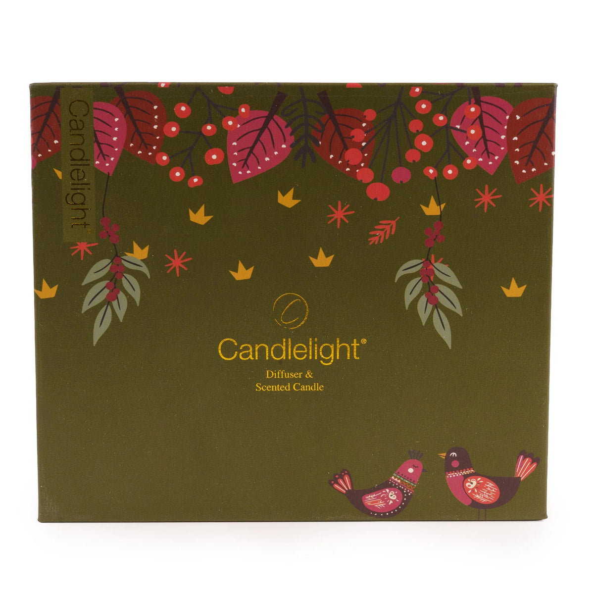 Candlelight Birds in Green home fragrance gift set featuring a green glass candle and reed diffuser with bird motifs