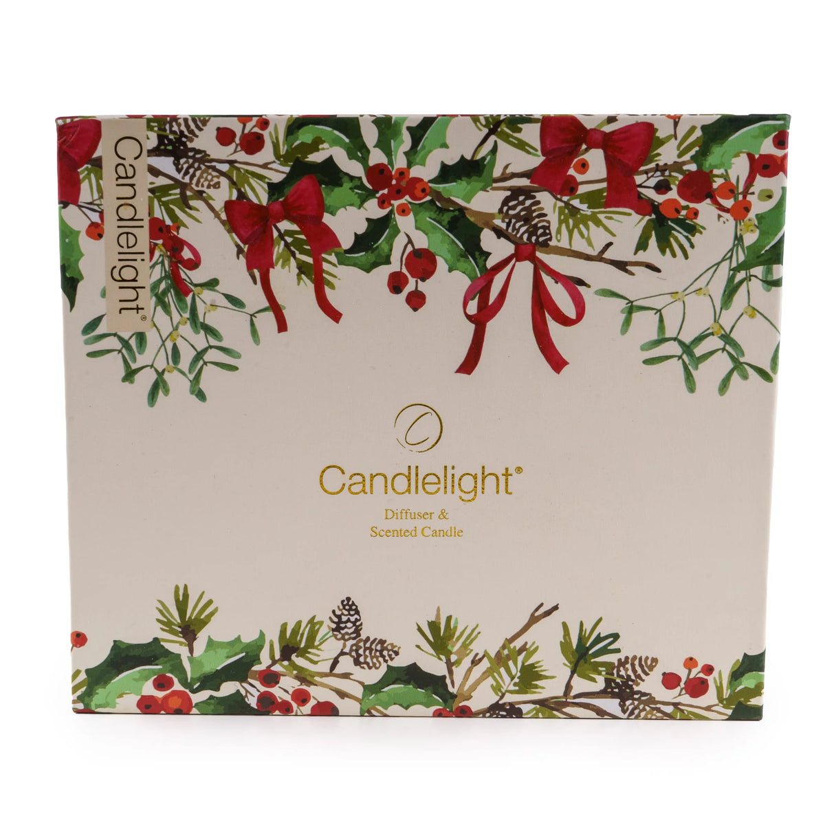 Candlelight Ribbon & Bows cream glass candle and reed diffuser set presented inside a decorated festive floral gift box