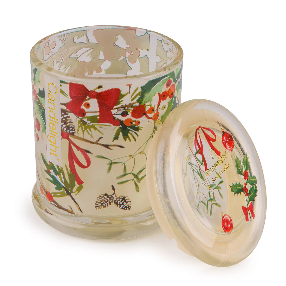 Candlelight Ribbon & Bows cream large glass jar candle shown beside its matching decorated glass lid