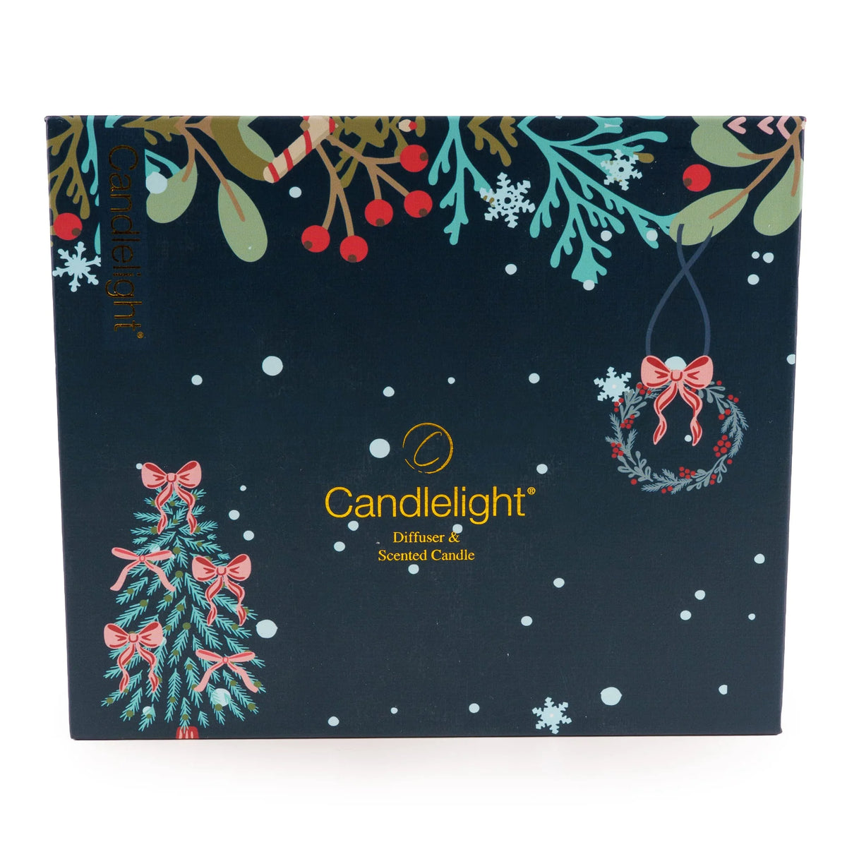 Candlelight Trees in Blue festive fragrance gift set featuring a deep blue glass candle and reed diffuser inside a dark blue decorated box