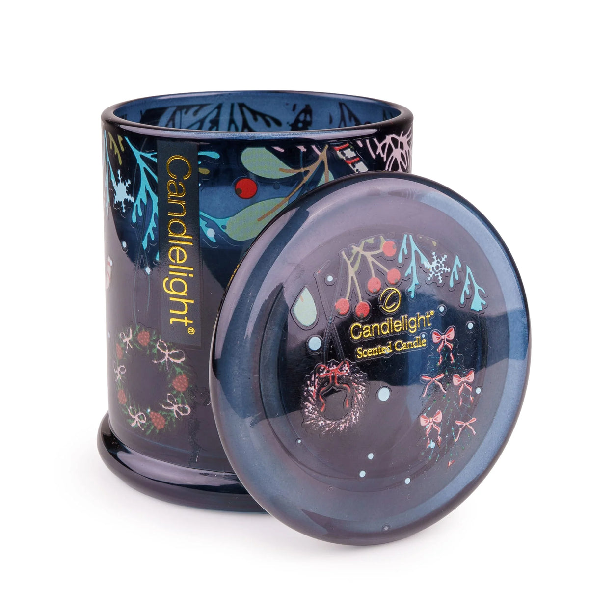 Candlelight Festive Florals Trees in Blue large glass jar candle shown next to its matching decorated glass lid
