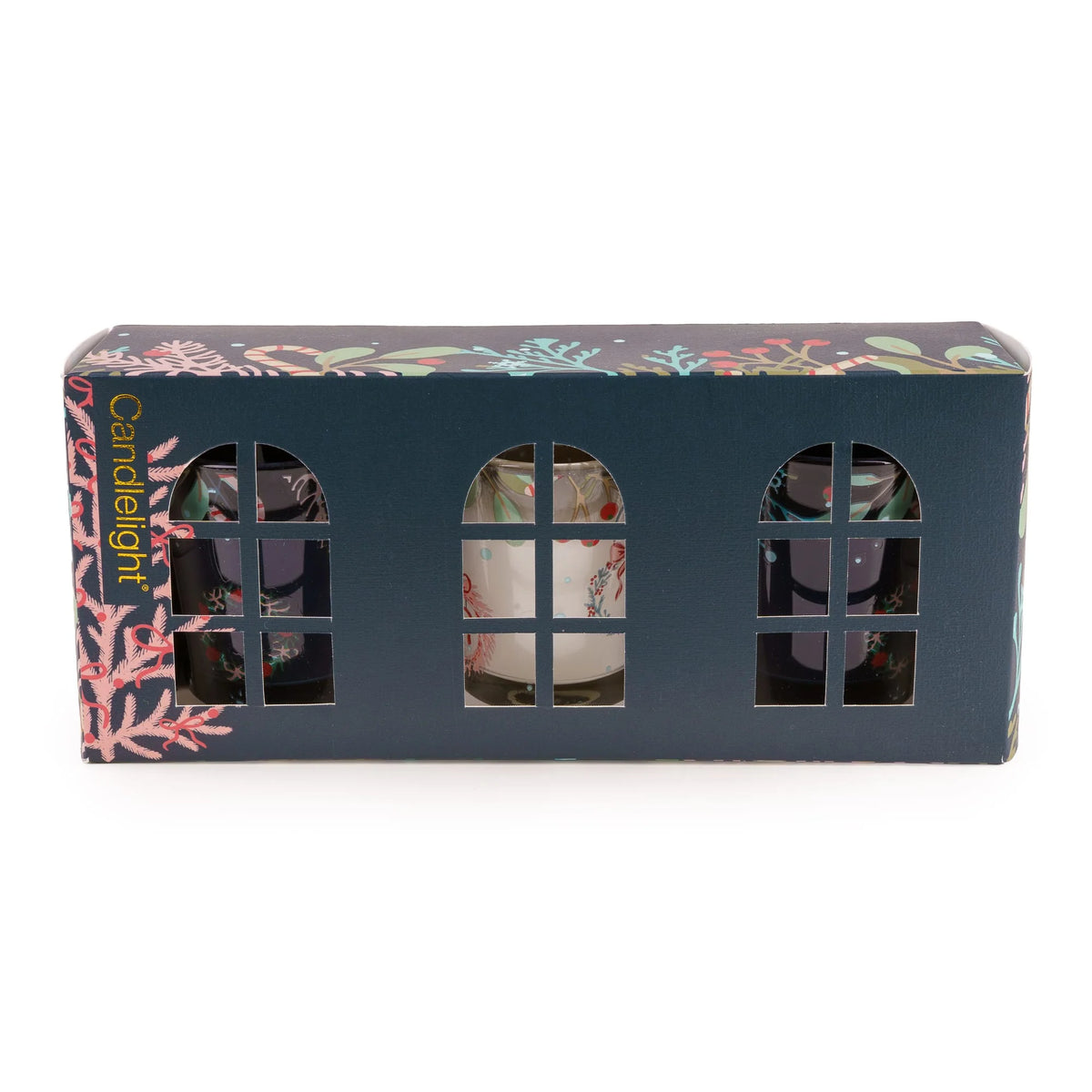Candlelight Festive Florals Trees in Blue set of 3 glass votive candles displayed in front of their deep blue gift box
