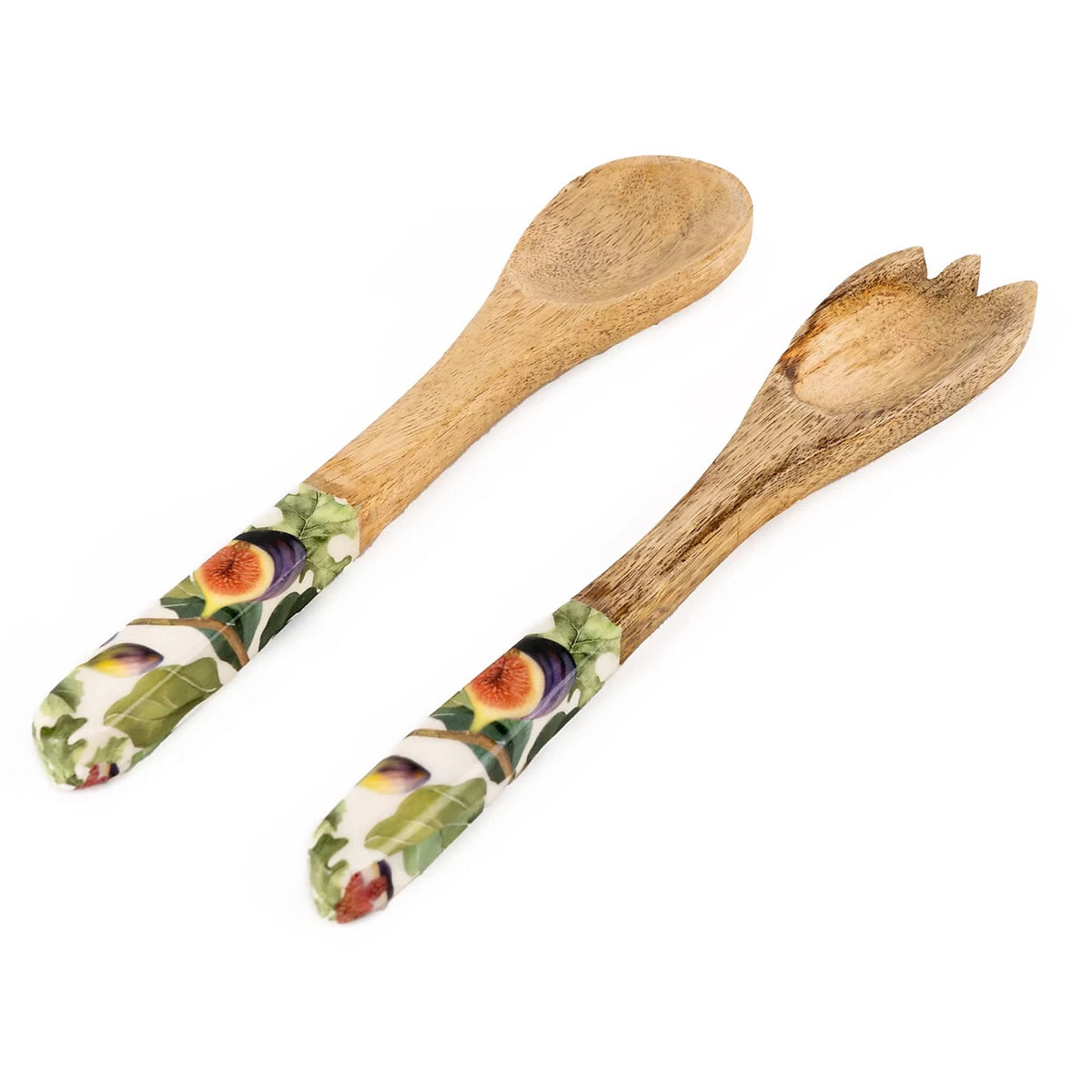 Candlelight handcrafted mango wood spoon and fork serving set with decorative fig pattern handles