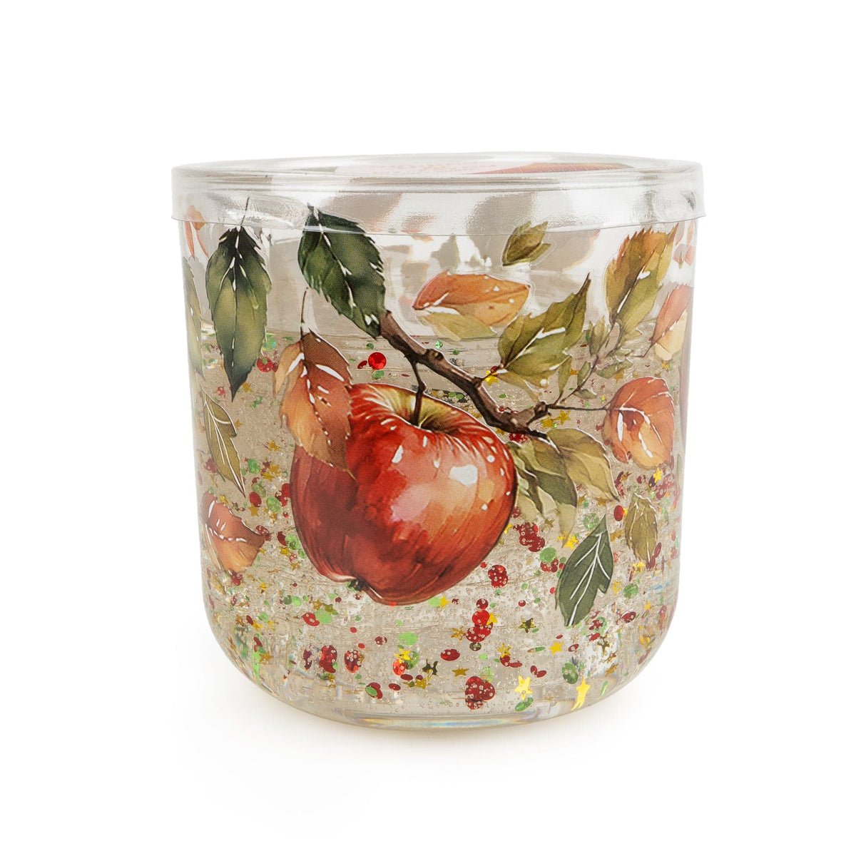 Candlelight Orchard Apple and Nutmeg LED candle in a printed clear glass jar with apple artwork and glitter detail