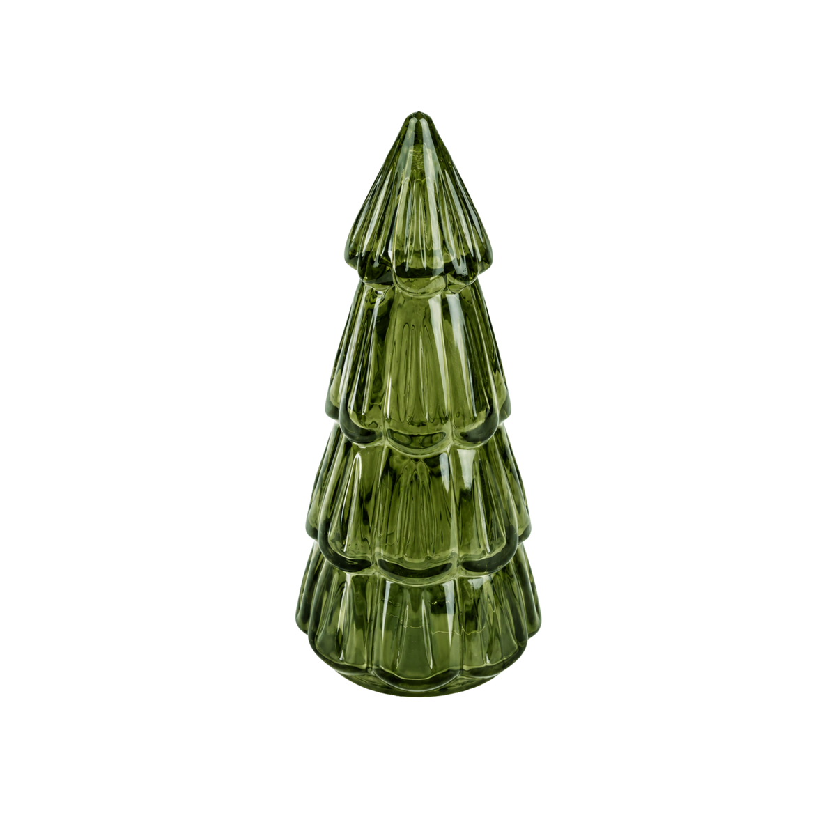 Candlelight small green ribbed glass Christmas tree LED light decoration on a plain white background