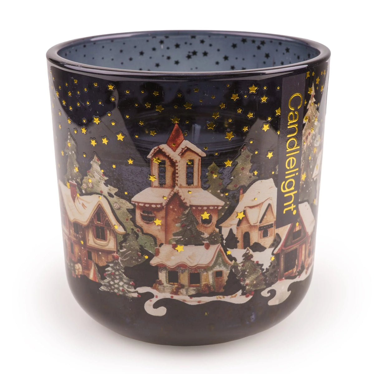 Candlelight Starlit Night Sky LED candle in a dark midnight glass holder featuring a snowy village and gold stars